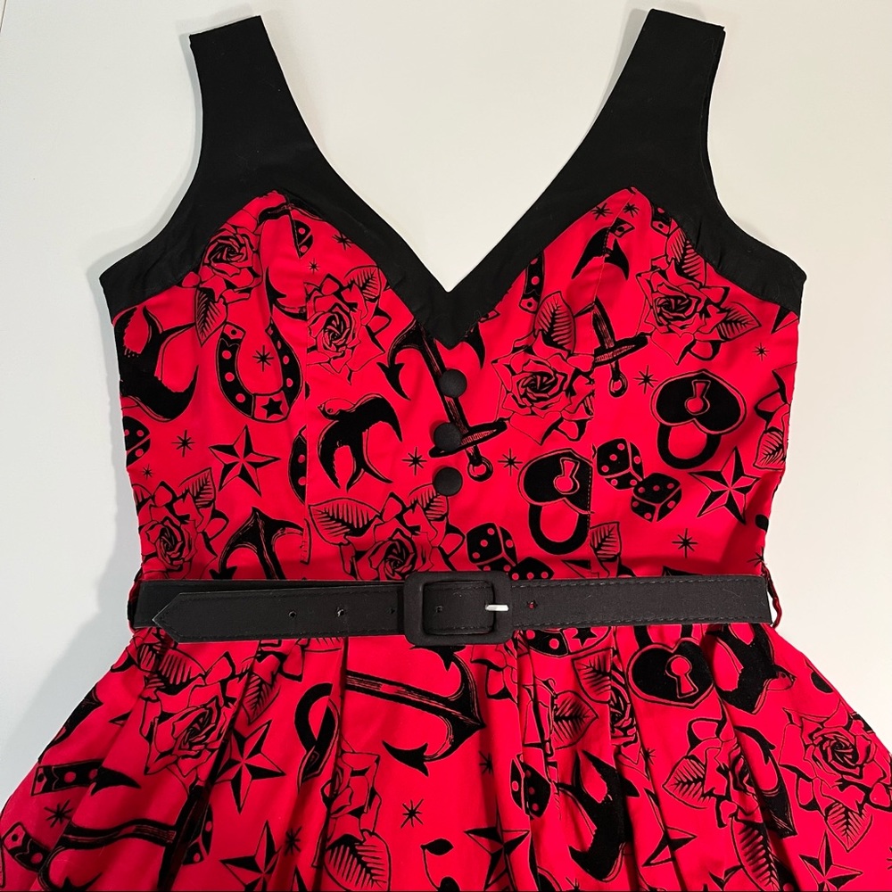 Hell Bunny Vixen ⚓️ Sailor Tattoo Flocked Swing Dress - Small - Picture 11 of 12
